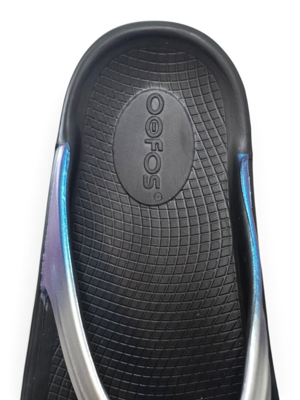 OOFOS OOlala Luxe Women’s 6 White Silver Turquoise Ombre Recovery Flip Flops NEW - Picture 9 of 12